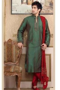 Party Wear Mens Green and Red Cotton Kurta Set