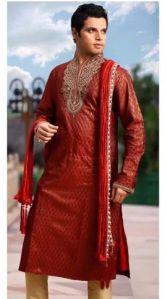 Party Wear Mens Red Cotton Kurta Pajama
