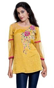 Yellow Cotton Embroidered Kurti