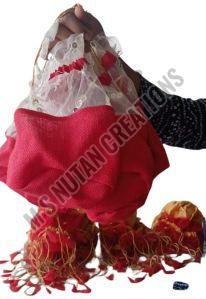 Plain Red And White Jute Net Potli