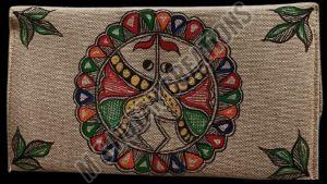 Ladies Beige Mithila Painting Hand Painted Silk Clutch Purse