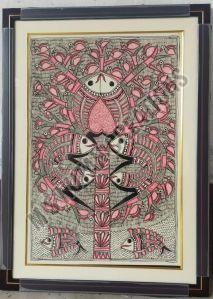 National Bird Peacock And Good Luck Fish Madhubani Painting