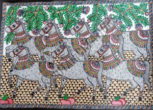 Seven Horses In Mithila Painting