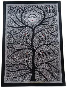 Black Tree OF Life Moon Bird Madhubani Painting