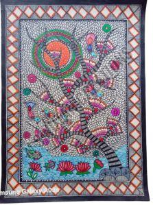 Tree OF Life With Sun And Birds In Mithila Painting