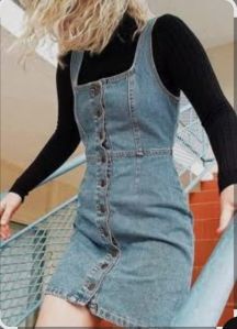 Womens Light Blue Wash Denim Pinafore Dress