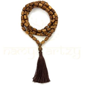 Hand-Knotted, Natural 108 Drum-Shaped Tumble Light Brown Tulsi Wood Carved Smooth Beads Mala/necklace