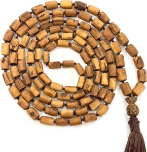 Hand-Knotted, Natural 108 Drum-Shaped Tumble Light Brown Tulsi Wood Carved Smooth Beads Mala/necklace