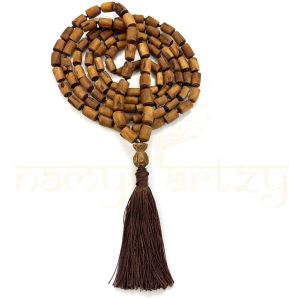 Hand-Knotted, Natural 108 Drum-Shaped Tumble Light Brown Tulsi Wood Carved Smooth Beads Mala/necklace