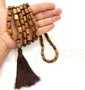 Hand-Knotted, Natural 108 Drum-Shaped Tumble Light Brown Tulsi Wood Carved Smooth Beads Mala/necklace