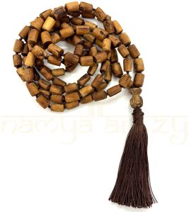 Hand-Knotted, Natural 108 Drum-Shaped Tumble Light Brown Tulsi Wood Carved Smooth Beads Mala/necklace