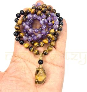 Mix of Amethyst, Tiger Eye, Black Onyx Gemstones 108 Beads Mala/necklace