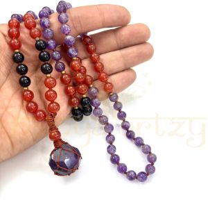 Mix of Amethyst & Carnelian, Black Onyx Gemstones 108 Beads Mala/necklace