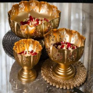 Golden Antique Lotus Shape Metal Urli