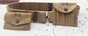 Ww2 Us American Webbing Khaki Pistol Belt with Crabine Pouch and First Aid Pouch