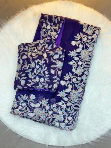 Blue Embroidered Sequence Work Silk Saree