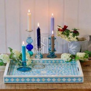 Aqua Floral Pattern Bone Inlay Serving Tray
