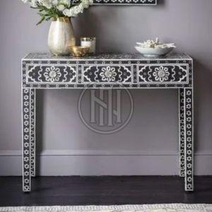 Black and White Floral Inlay Console Table with Three Drawers