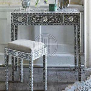 Black and White Floral Inlay Console Table with Three Drawers and Matching Stool