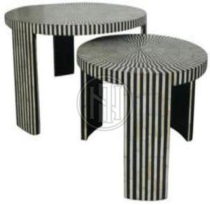 Black and White Striped Round Coffee Tables with Geometric Tops