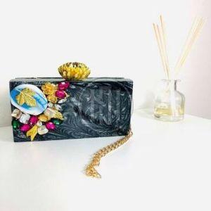 Black Resin Inlay Clutch with Embellished Top and Chain Strap