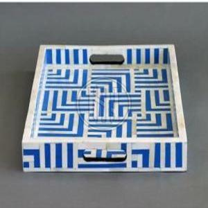Blue and White Geometric Pattern Bone Inlay Tray with Handles