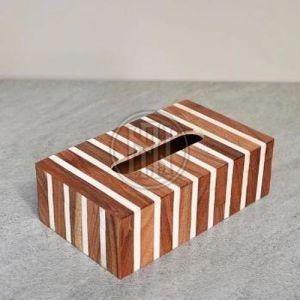 Brown and White Striped Wooden Tissue Box Holder