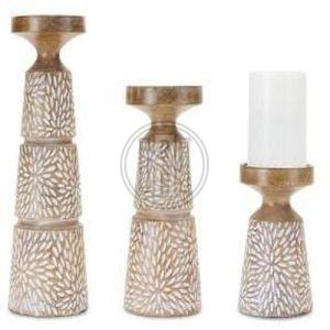 Carved Floral Design Wooden Candle Holders Set OF 3 Pcs