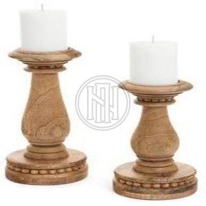 Carved Wood Candle Holders with Beaded Base Set OF 2 Pcs