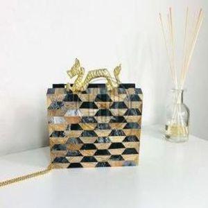 Geometric Hexagonal Pattern Bone Inlay Clutch with Dragon Handle