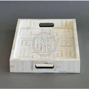 Ivory Bone Inlay Square Tray with Subtle Geometric Pattern