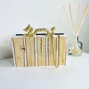 Light Wood and White Striped Resin Clutch with Dragon Handle and Chain Strap