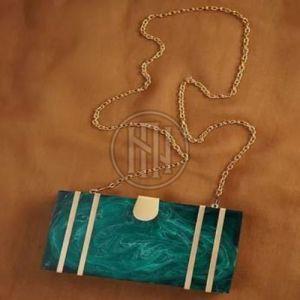 Marbled Emerald Green Resin Clutch with Gold Chain