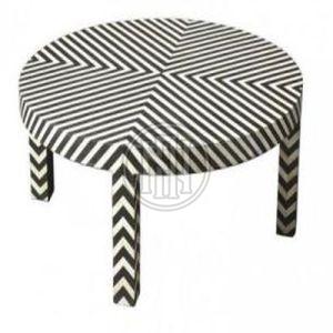 Round Coffee Table with Chevron Wood Top and Sleek Black Legs