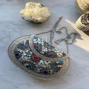 Multi Color Mosaic Inlay Metal Clutch with Chain