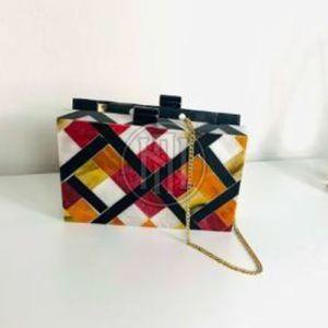 Multicolor Geometric Pattern Resin Inlay Clutch with Chain Strap