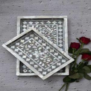 Nested Floral & Geometric Mother OF Pearl Serving Trays
