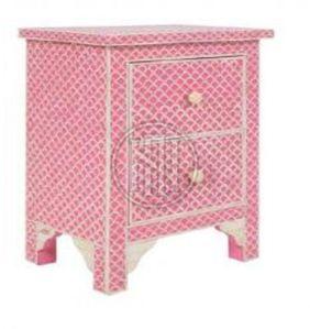 Pink and White Scallop Pattern Bone Inlay Nightstand with Two Drawers