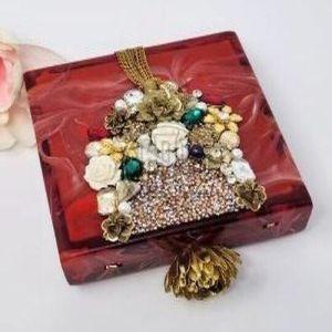 Red Marbled Resin Square Clutch with Floral & Gem Embellishments