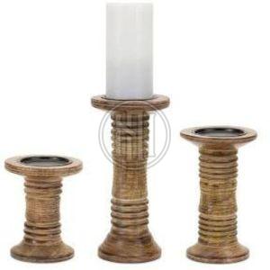 Ribbed Wood Candle Holders Set OF 3 Pcs