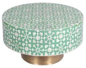 Round Coffee Table with Green & White Geometric Pattern and Gold Base
