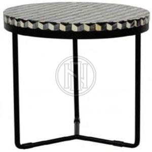 Black White Geometric Inlay Metal Legs Round End Table