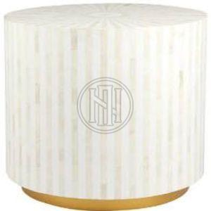 Round End Table with White Striped Inlay and Gold Base