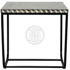 Square End Table with Black and White Geometric Inlay and Black Metal Base