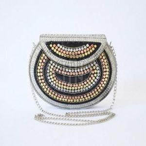Studded Metallic Half Moon Clutch with Chain