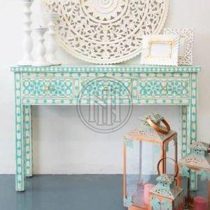 Teal and White Floral Geometric Pattern Bone Inlay Console Table