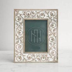 White and Brown Carved Floral Wooden Photo Frame