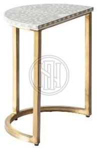 White and Grey Leaf Pattern Bone Inlay End Table with Gold Base
