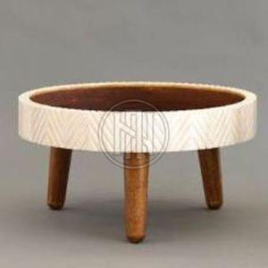 White Geometric Pattern Round Bone Inlay Cake Stand with Wood Legs
