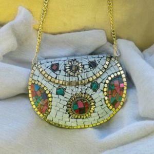 White Mosaic Metal Clutch with Floral & Multi Color Inlay